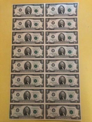 1976 Uncut Currency Sheet 16 $2.  00 Bills.  Uncirculated.