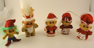 5 Christmas Trolls - Elf - Santa - 2 Mrs.  Claus - Reindeer - Ornaments - Russ Berrie