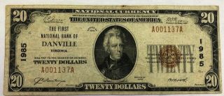 1929 $20 First National Bank Of Danville,  Va Charter 1985,  Pleasing Fine
