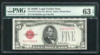 Fr.  1527m 1928 - B $5 Red Seal Legal Tender United States Note Pmg Unc - 63epq