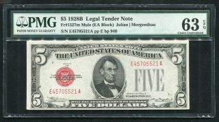 Fr.  1527m 1928 - B $5 Red Seal Legal Tender United States Note Pmg Unc - 63epq (b)
