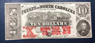 1863 $10 State Of North Carolina Obsolete Note Crisp Unc