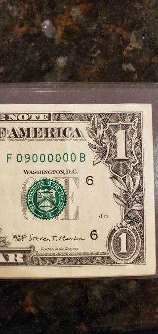 Fancy serial number Even Million Serial Number F 09000000 B series 2017 $1 note 3