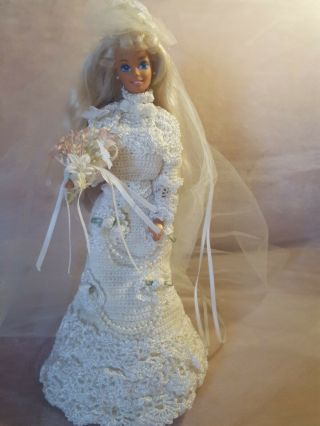 Blonde Jointed Bridal Barbie Doll & White Handmade Crochet Bride Dress,  Veil