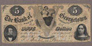1860 $5 Bank Of Georgetown,  South Carolina Obsolete Currency Vf