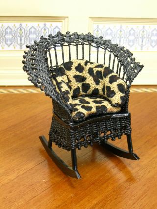 Peggy Taylor Black Wicker Rocking Chair Leopard Print Artisan Dollhouse Miniatur