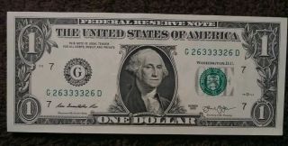 2013 $1 Dollar Bill Fancy Serial Number Bookend/radar 26 3333 26 Chrisp Unc.