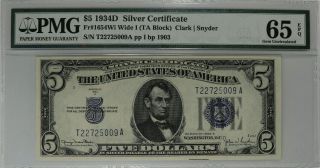 1934 D $5 Silver Certificate Currency Pmg Cert 65 Epq Gem Unc Wide I (009a)
