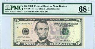 Fr 1993 - A $5 2006 Federal Reserve Note Boston // Pmg 68 Gem Unc Epq