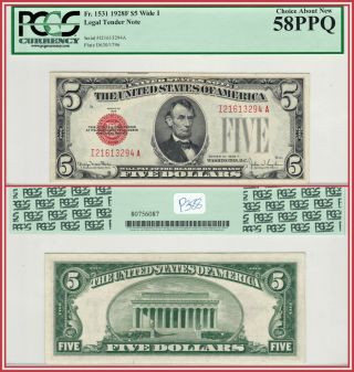 1928f $5 Legal Tender Note Pcgs 58 Ppq Choice About Unc Au Five Dollars