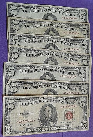 [7] - 1963 $5.  00 Red Seal United States Notes,  Circs