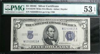 1934c $5 Blue Seal Silver Certificate Pmg About Unc 53 Epq