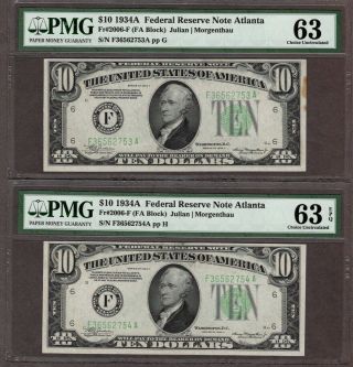 2 Consecutive 1934 $10 Frn Tough Atlanta District,  Pmg - Graded 63 & 63 Epq