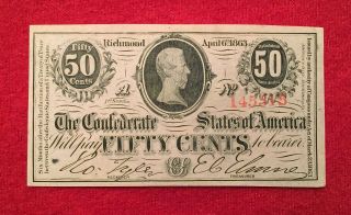 1863 Confederate 50 Cent Note (partial Treasury Seal)