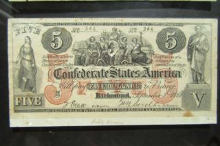 Confederate States Of America 5 Dollars,  September 2,  1861,  No 364 Rebel Currenc