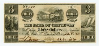 1838 $3 The Bank Of Chippeway - Sault De St.  Marys,  Michigan Note W/ Train Ch.  Cu