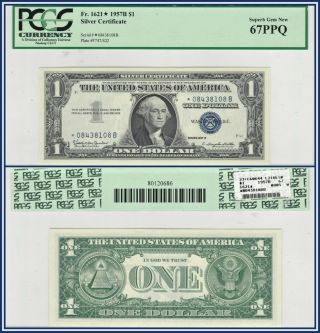 1957b Star $1 Silver Certificate Dollar Pcgs 67 Ppq Gem Unc Blue Note