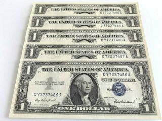 Five (5) Uncirculated Consecutive 1957 $1 Dollar Blue Seal Silver Certificates