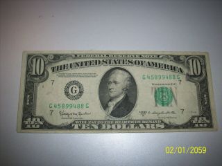 Vintage Ten Dollar 1950 - D $10 Chicago Federal Reserve Note Bill Green Seal