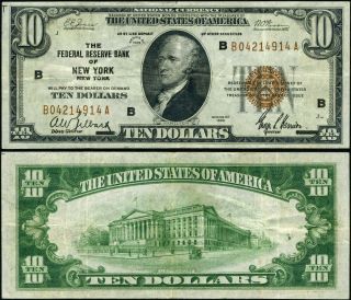 Fr.  1860 B $10 1929 Federal Reserve Bank Note York B - A Block Vf
