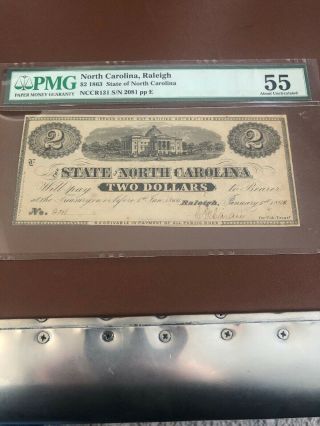 Ac Obsolete State Of North Carolina Raleigh $2 1863 Cr Nc - 131 Pmg 55