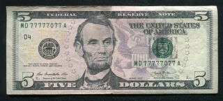 2013 $5 Five Dollars Frn Federal Reserve Note “fancy Near Solid 7’s Md77777077a”