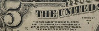 1934 - C $5 Federal Reserve Note.  H 70110209 A,  CHOICE UNC - Paper Qlty 2