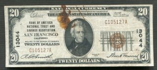 1929 $20 Bank Of America San Francisco,  Ca National Currency Ch.  13044
