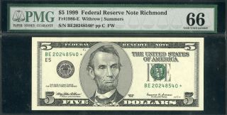 Us Paper Money 1999 $5 Federal Reserve Star Note Pmg Cu66