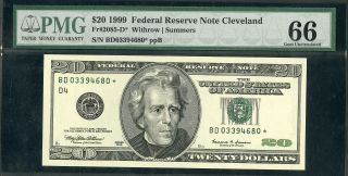 Us Paper Money 1999 $20 Federal Reserve Star Note Pmg Cu66
