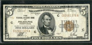 Us Paper Money 1929 Philadelphia $5 National Banknote