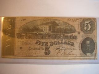 Civil War Confederate Csa $5 Note Obsolete Currency