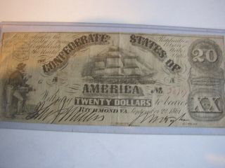 Civil War Confederate Csa $20 Note Obsolete Currency