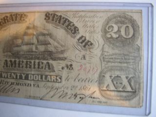 Civil War Confederate CSA $20 Note Obsolete Currency 3