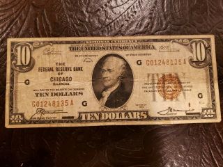 1929 Series $10 Ten Dollar Federal Reserve Bank Of Chicago Note Bill