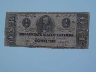 Civil War Confederate 1863 1 Dollar Bill Richmond Virginia Paper Money Currency