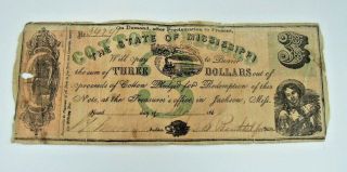 1862 The State Of Mississippi Three Dollar Note