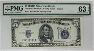 1934 C $5 Silver Certificate Currency Pmg Certified 63 Epq Choice Unc Wide (513a