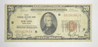 Rare 1929 $20 National Currency York,  Ny Fed Reserve Bank Brown Seal 281