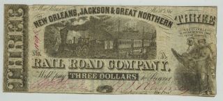 1861 Orleans,  Jackson & Great Northern Railroad Company $3 Obsolete Currency