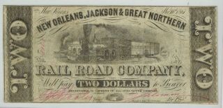 1861 Orleans,  Jackson & Great Northern Railroad Company $2 Obsolete Currency