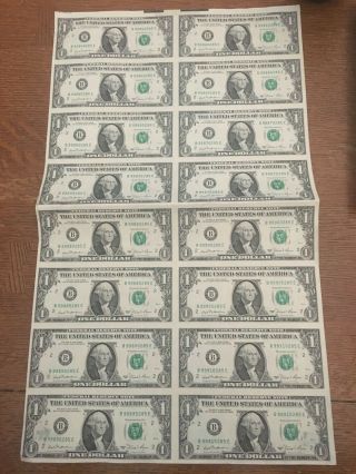 Uncut Sheet Of 16 $1 One Dollar Note Bills 1981 Series Uncirculated Crisp