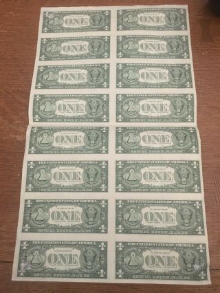 Uncut Sheet Of 16 $1 One Dollar Note Bills 1981 Series Uncirculated Crisp 2