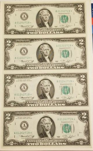1976 2 Dollar Star Note Federal Reserve Bank Of Boston Uncut Sheet Of 4 Notes