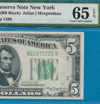 $5.  00 1934 York Green Seal Federal Reserve Note Pmg Gem 65epq