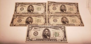 5 Pc 1934 Series A $5 Dollar Federal Reserve Note - 1934 - 1934a - Old Money - Nr