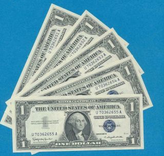 5 - $1.  00 1935 - E,  5 - 1957 - B Blue Seal Consecutive Silver Certificates Choice
