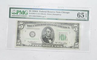 Gem Unc 65 Epq $5 1950 - A Fed Res Note Chicago - Fr 1962 - G (ga Block) - Pmg 515