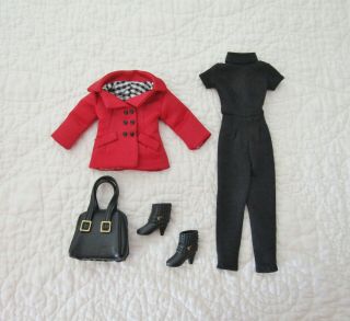 Outfit For Tonner 10 " Tiny Kitty Red Coat Jacket Black Jumpsuit Purse & Boots