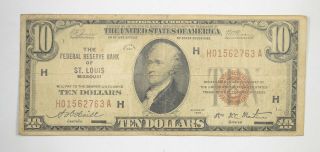 Rare 1929 $10 National Currency St.  Louis,  Mo Fed Reserve Bank Brown Seal 279
